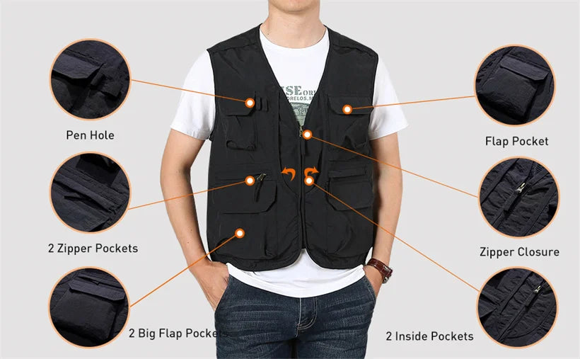 6XL Summer New Outdoor Vest Men Utility Tactical Multi-pocket Vest Techwear Outdoor Hiking Fishing Photography Safari Cargo Vest