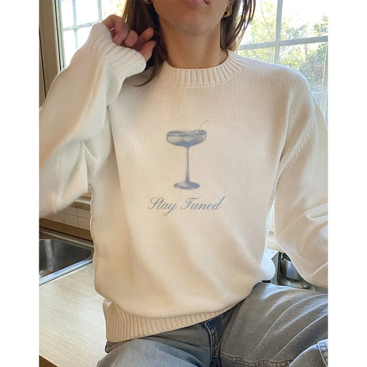 2024 New Women Fashion Vintage Knitted Pullover Autumn/Winter Couple O-Neck Loose Sweater Goblet Print Casual Gothic Sweaters