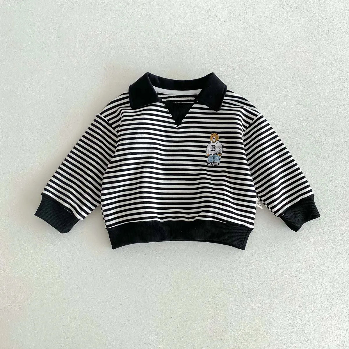 Spring Autumn Children Cool Lapel Striped Sweatshirt Kid Girl Cartoon Embroidery Long Sleeve T-shirt Boy Baby Casual Cotton Tops