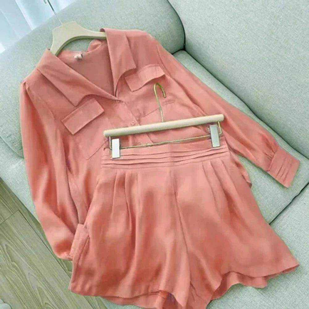 Spring Summer Solid Color Short Set Women Simple Casual Style Long Sleeve Shirts Shorts Two Piece Sets Temperament Lady Clothing