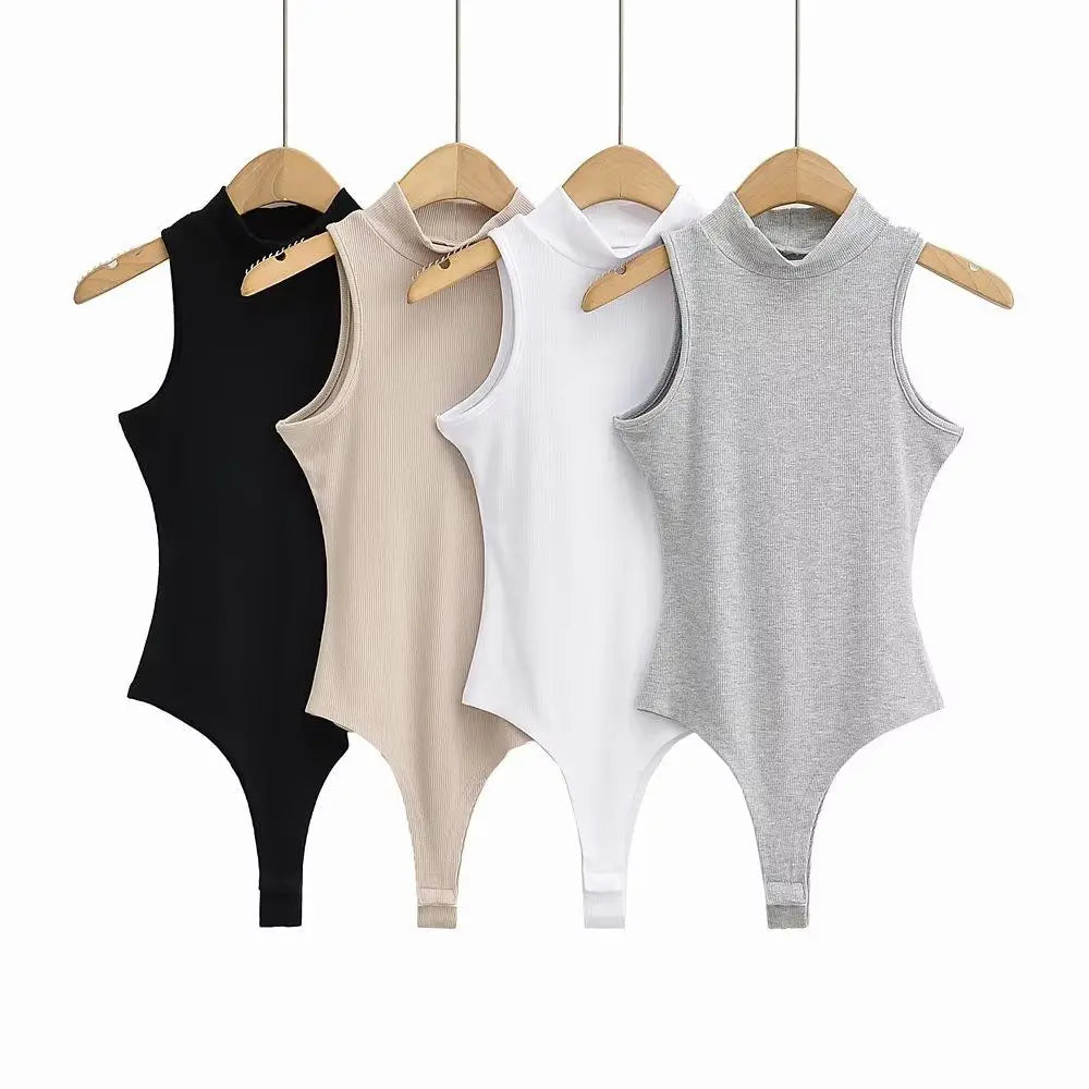 Sleeveless Y2k Bodysuit Women Sexy Tops Youthful Summer Clothes White Body Knitted Turtleneck Tank Top Jumpsuits for Women 2024