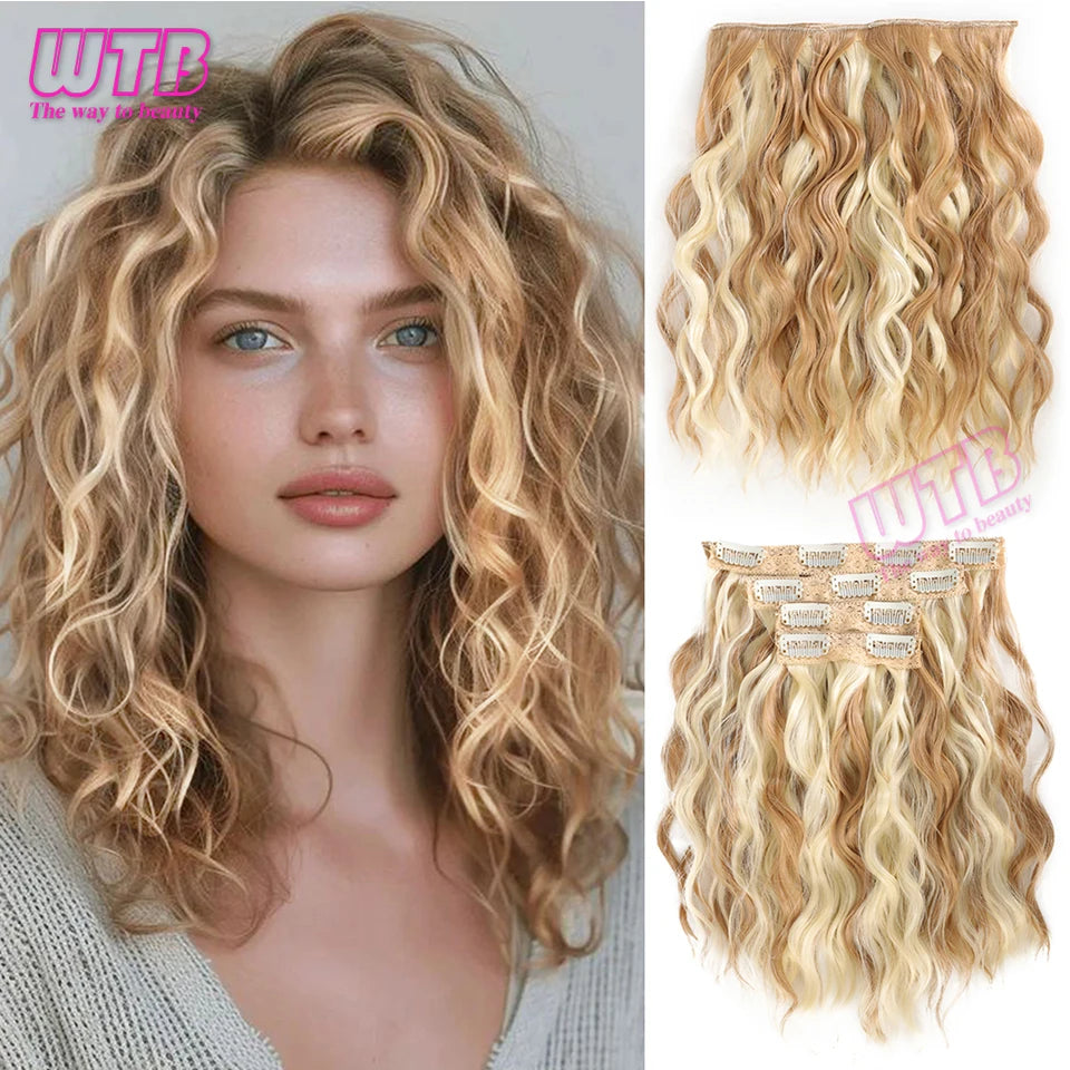 Clip In Hair Extensions Synthetic Hair 12Inch 4 PCS Set Wavy Curly Hair Extension Synthetic Hairpieces For Women Girls Daily Use