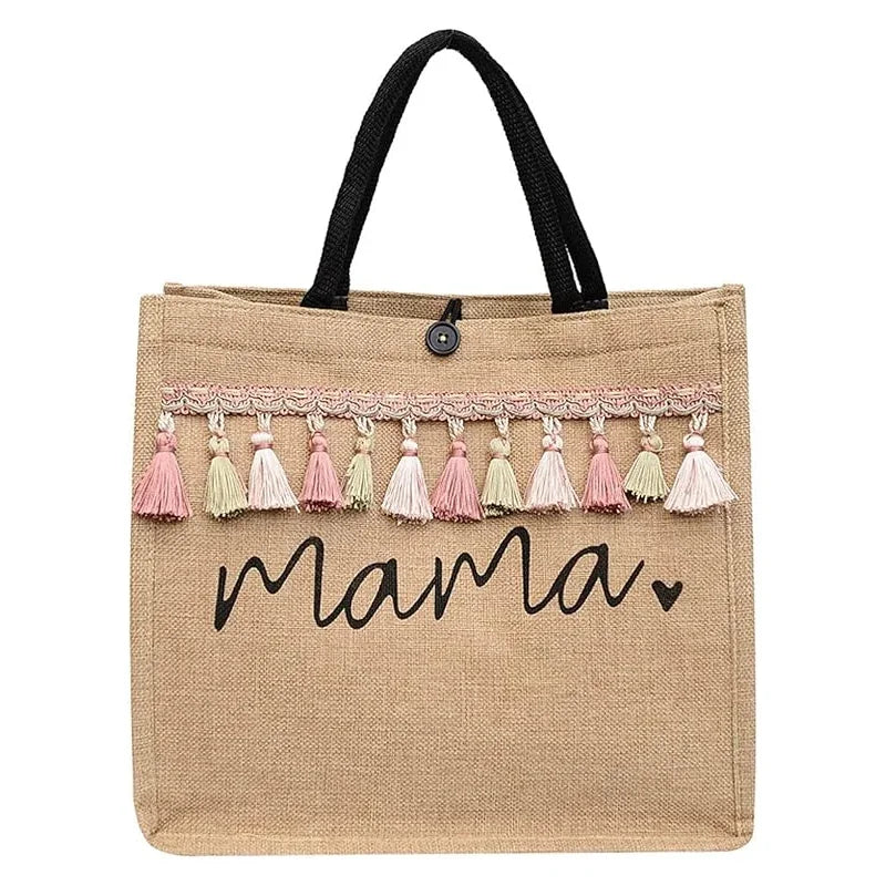 Women Mama Letter Printing Tote Bag Large Capacity Baby Diapers Storage Bag Casual Fashion Linen Shopping Handbag Gifts for Mom