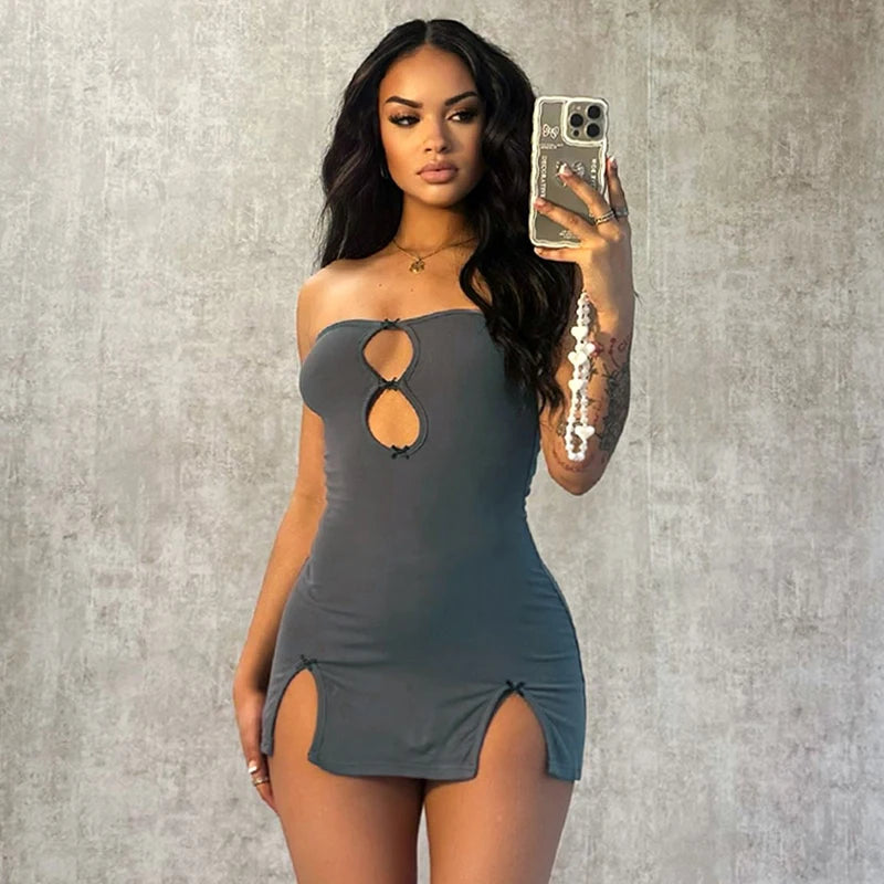 CUTENOVA Y2K Sexy Mini Dress Women Summer Hottie Hollow Out Strapless Solid Color Pullover Dresses Streetwear 2024 Women Clothes