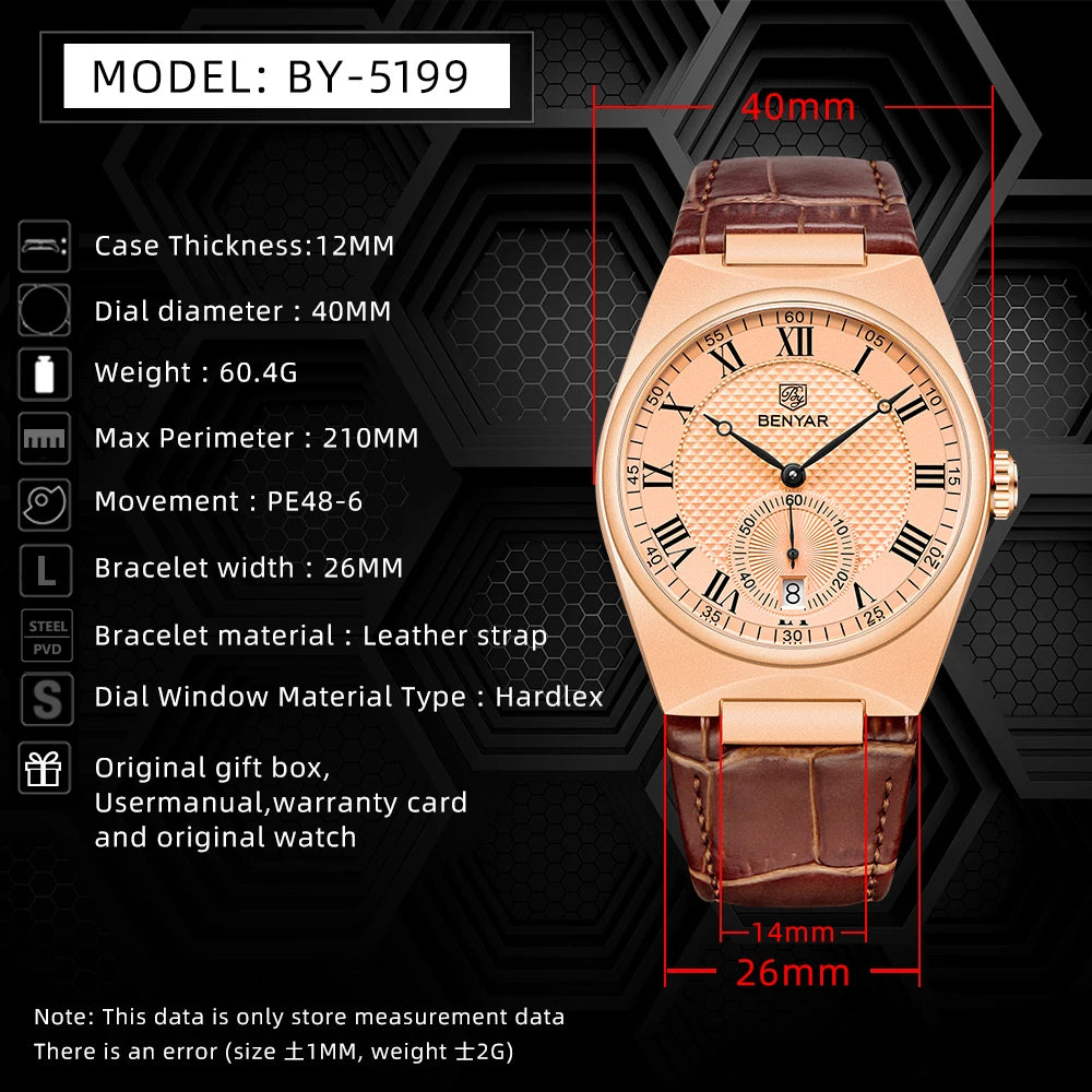 BENYAR Mens Watches 2023 New Top Brand Luxury Gold Quartz Watch For Men Original Sports Waterproof Military leather Reloj Hombre