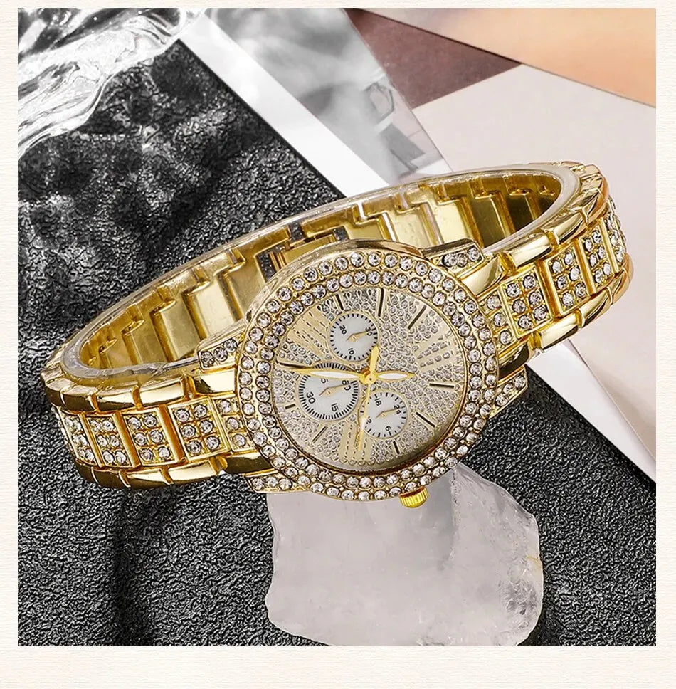 Women's Quartz Watch Gold Luxury Women Ring Necklace Earring Rhinestone Fashion Wristwatch Casual Ladies Watches Jewelry Set