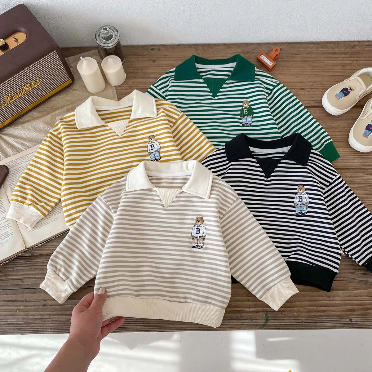 Spring Autumn Children Cool Lapel Striped Sweatshirt Kid Girl Cartoon Embroidery Long Sleeve T-shirt Boy Baby Casual Cotton Tops