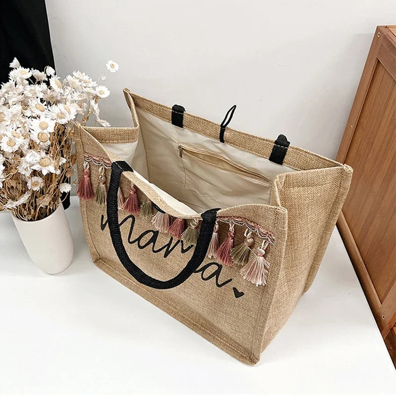 Women Mama Letter Printing Tote Bag Large Capacity Baby Diapers Storage Bag Casual Fashion Linen Shopping Handbag Gifts for Mom