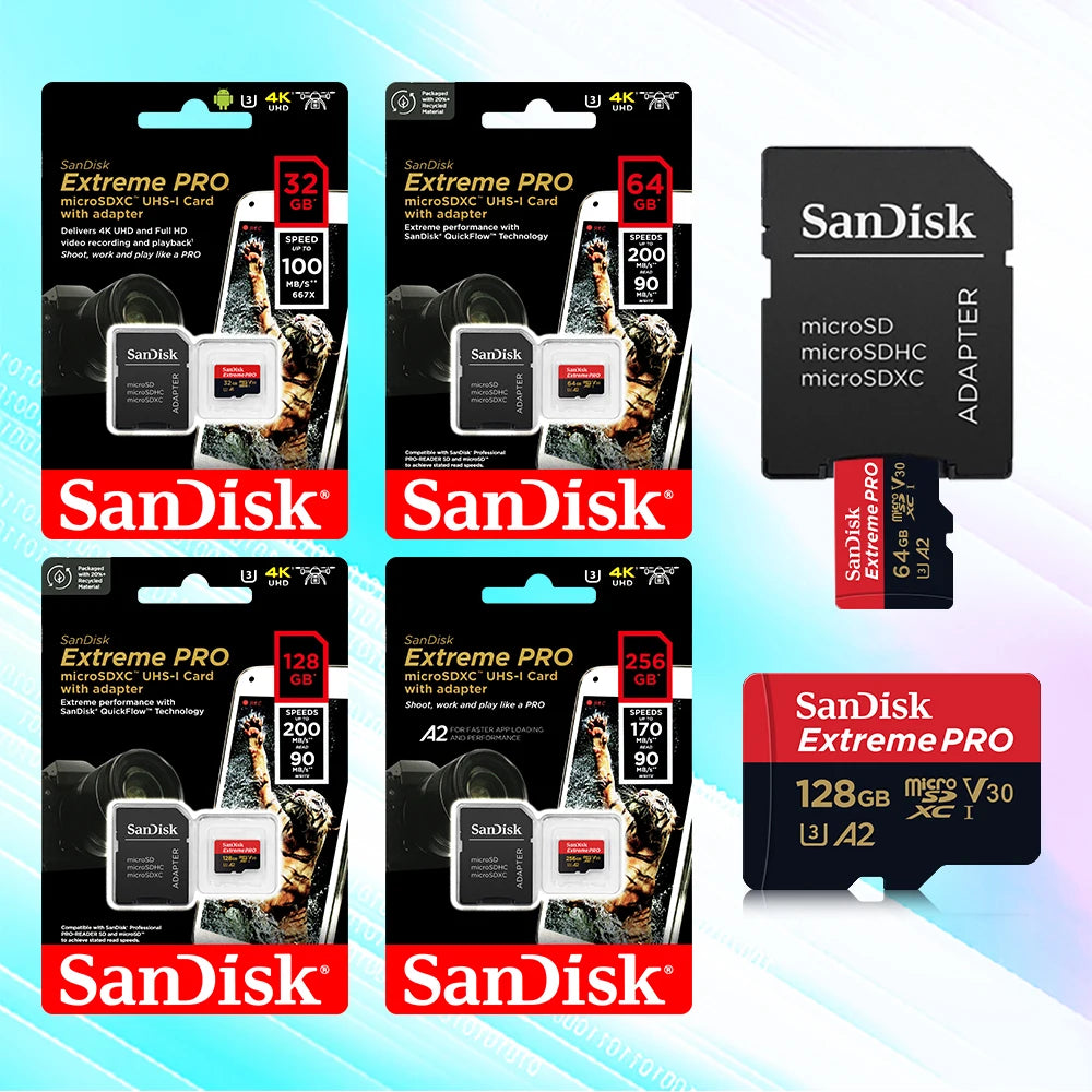 SanDisk Extreme Pro Flash 128GB Card Micro SD Card SDXC UHS-I 400GB 256GB 64GB U3 V30 TF Card Memory Card Adapter for Camera DJI