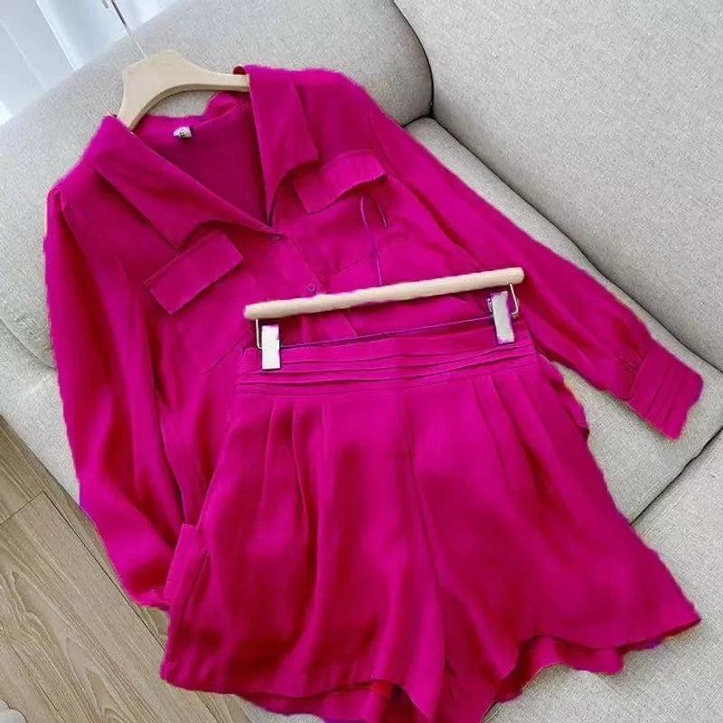 Spring Summer Solid Color Short Set Women Simple Casual Style Long Sleeve Shirts Shorts Two Piece Sets Temperament Lady Clothing