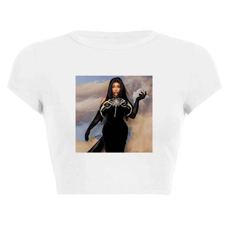 Summer Hip Hop Girl Portrait Graphic Print T-shirt Y2k Vintage Slim Short Sleeve O Neck Crop Tops Women Fashion Casual T Shirt