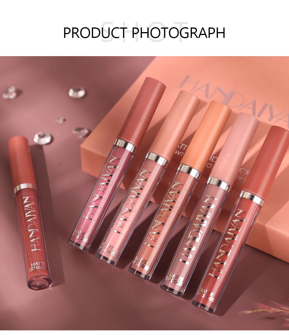 HANDAIYAN 6 Colors Lip Gloss Set Matte Nude Long-lasting High-pigment non-stick cup lip makeup Cosmetics Liquid Lipstick Setd