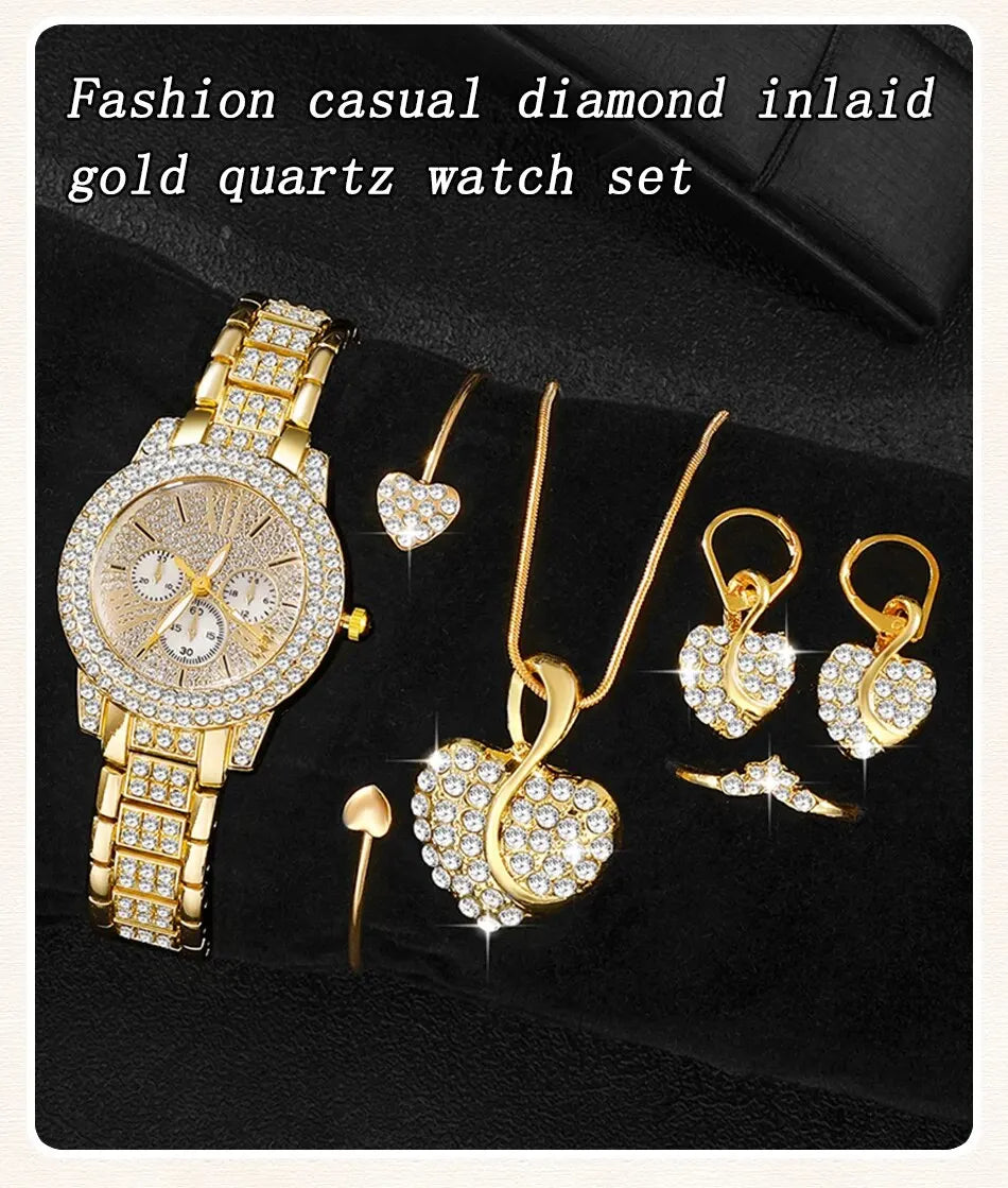 Women's Quartz Watch Gold Luxury Women Ring Necklace Earring Rhinestone Fashion Wristwatch Casual Ladies Watches Jewelry Set