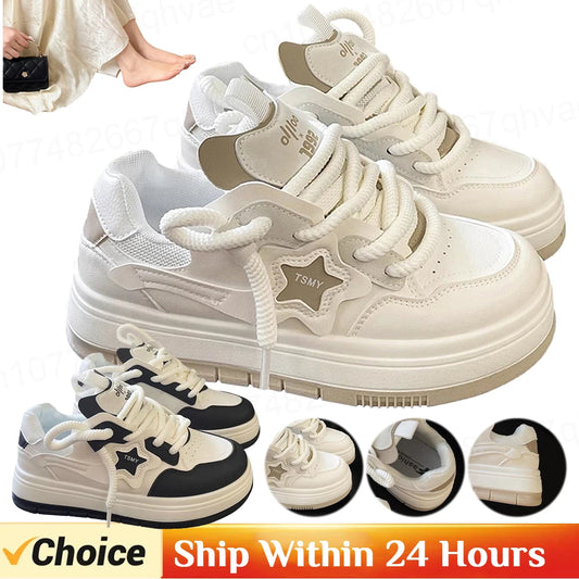 2024 Korean Shoes Kawaii White Platform Sneakers Women Star Design Vulcanize Spring Summer Casual Tennis Female Flats Footwear