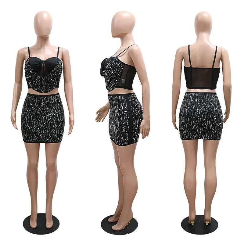 Skinny Sexy Party Two Piece Set Women Strap Mesh Rhinestone Camis Top and Diamonds Mini Skirts 2 Piece Sets Night Club Outfits