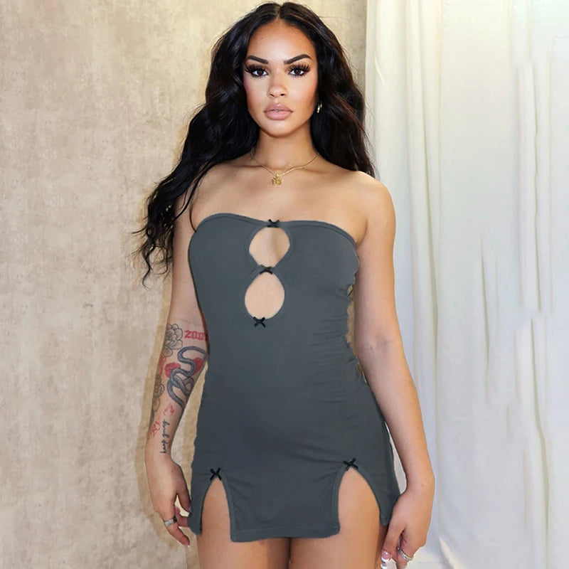 CUTENOVA Y2K Sexy Mini Dress Women Summer Hottie Hollow Out Strapless Solid Color Pullover Dresses Streetwear 2024 Women Clothes