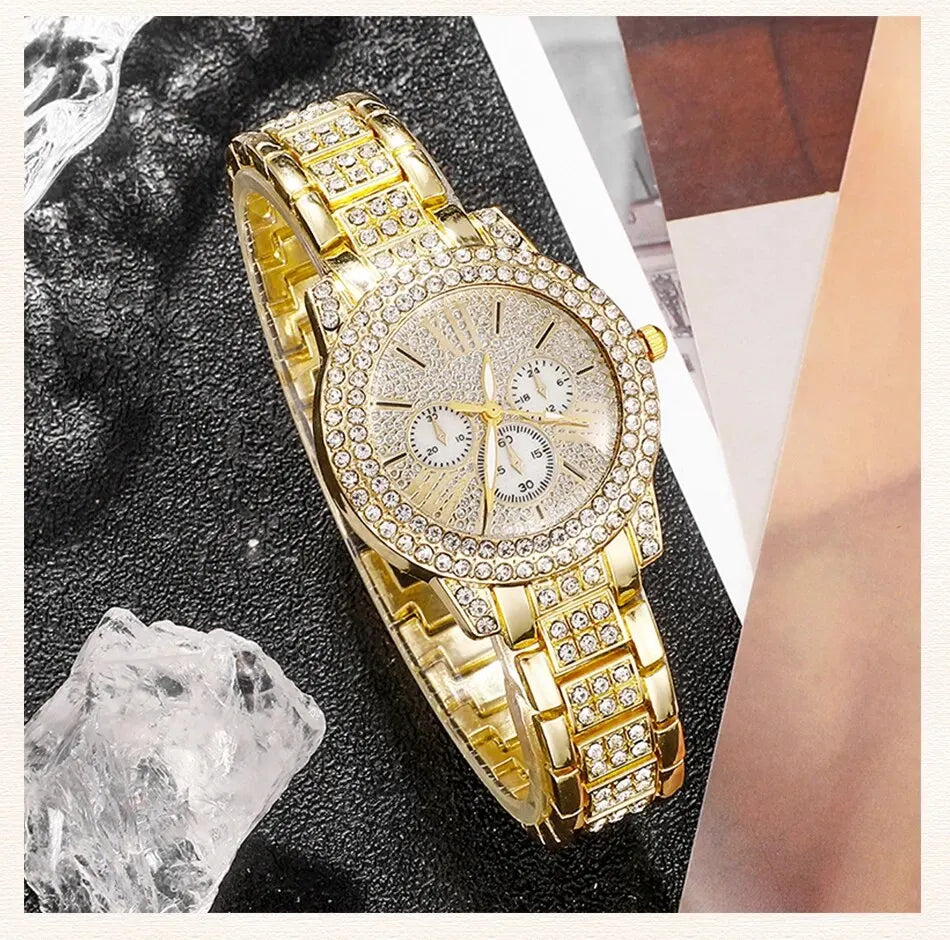 Women's Quartz Watch Gold Luxury Women Ring Necklace Earring Rhinestone Fashion Wristwatch Casual Ladies Watches Jewelry Set