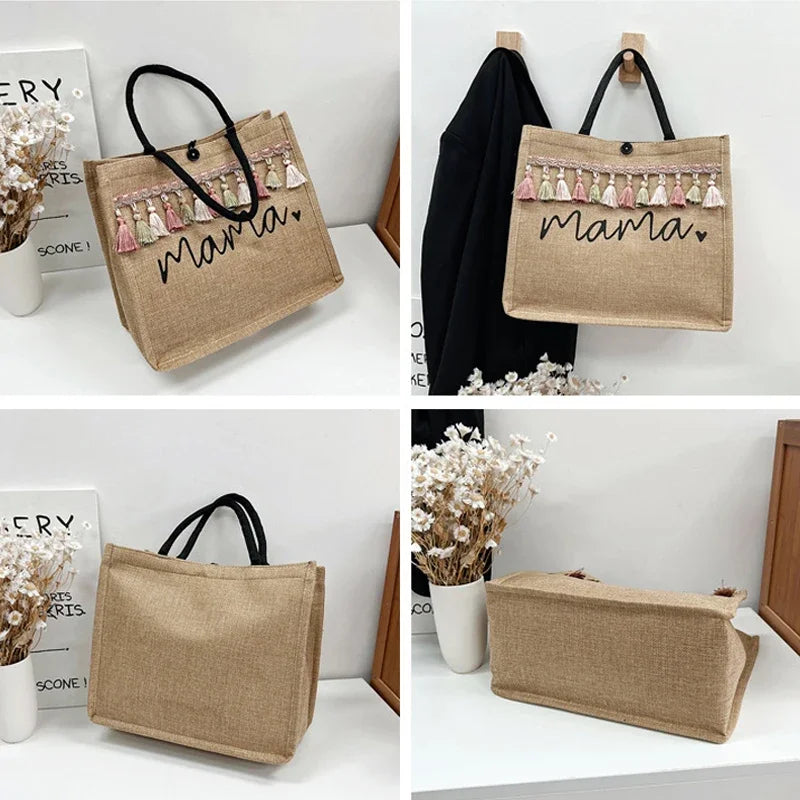 Women Mama Letter Printing Tote Bag Large Capacity Baby Diapers Storage Bag Casual Fashion Linen Shopping Handbag Gifts for Mom