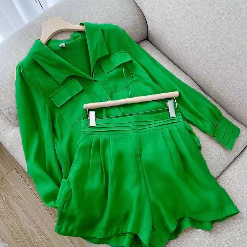 Spring Summer Solid Color Short Set Women Simple Casual Style Long Sleeve Shirts Shorts Two Piece Sets Temperament Lady Clothing