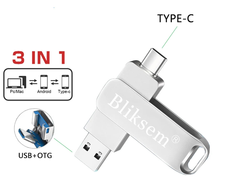 Bliksem TYPE-C Flash Drive OTG 32GB 64GB High Speed USB2.0 for Computer Cell Phone 3in1 USB Metal Mini Pen Drive 32GB USB 64GB