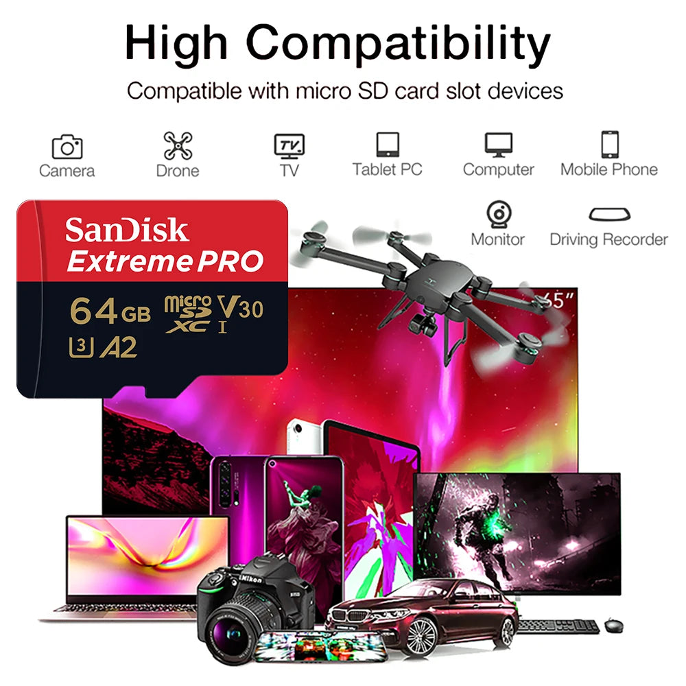 SanDisk Extreme Pro Flash 128GB Card Micro SD Card SDXC UHS-I 400GB 256GB 64GB U3 V30 TF Card Memory Card Adapter for Camera DJI