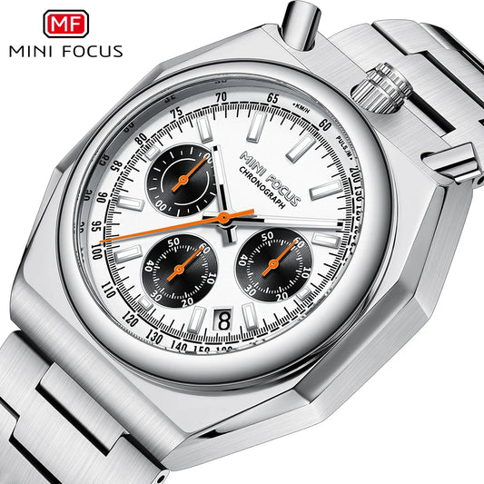 MINI FOCUS Fashion Multifunctional Quartz Watch for Men Calendar Luminous Luxury Stainless Steel Strap Bull Head Mens Watches