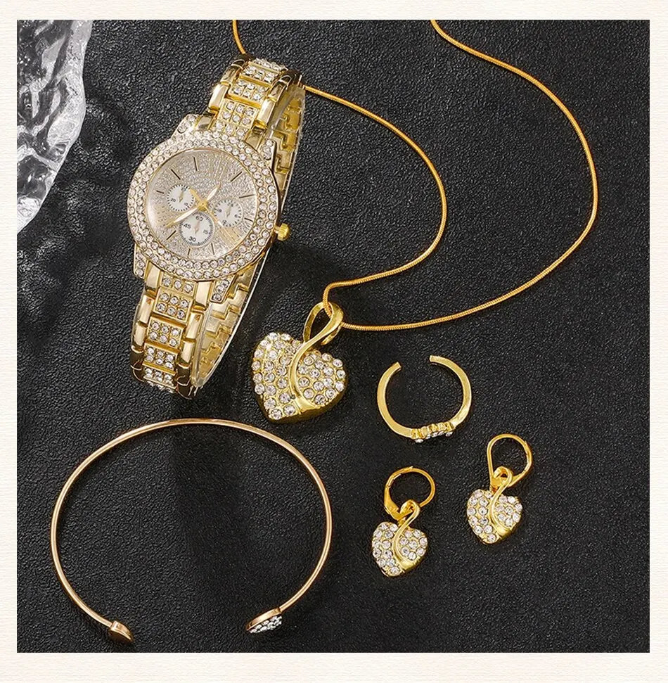 Women's Quartz Watch Gold Luxury Women Ring Necklace Earring Rhinestone Fashion Wristwatch Casual Ladies Watches Jewelry Set