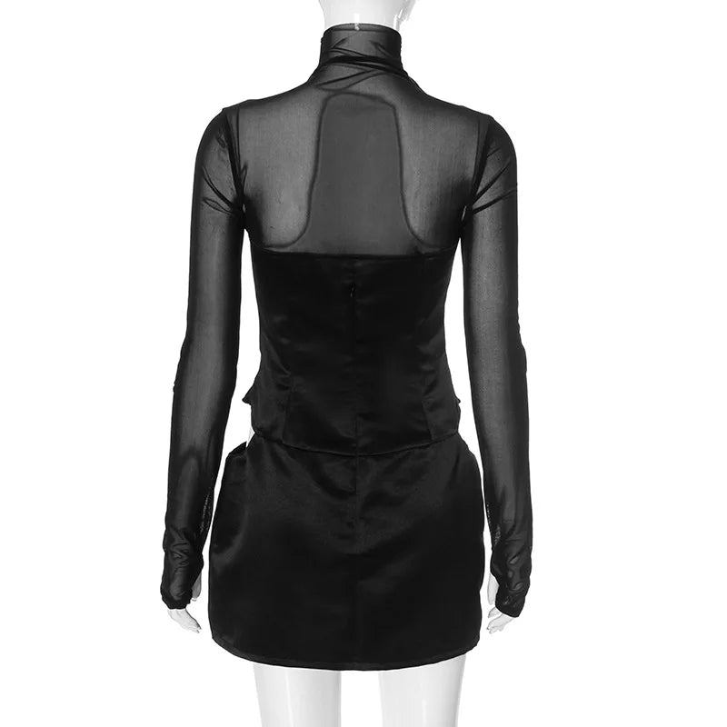 Cryptographic Fashion Mesh Long Sleeve Mini Dress Party Evening Club Outfits Sexy Cut Out Corset Bodycon Dresses Clothes