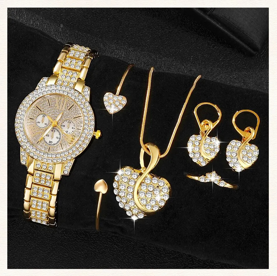 Women's Quartz Watch Gold Luxury Women Ring Necklace Earring Rhinestone Fashion Wristwatch Casual Ladies Watches Jewelry Set