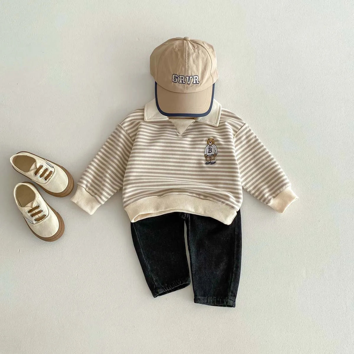 Spring Autumn Children Cool Lapel Striped Sweatshirt Kid Girl Cartoon Embroidery Long Sleeve T-shirt Boy Baby Casual Cotton Tops