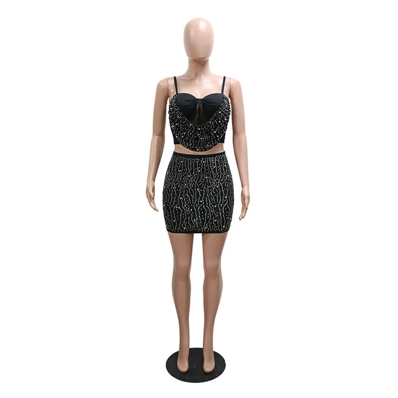 Skinny Sexy Party Two Piece Set Women Strap Mesh Rhinestone Camis Top and Diamonds Mini Skirts 2 Piece Sets Night Club Outfits