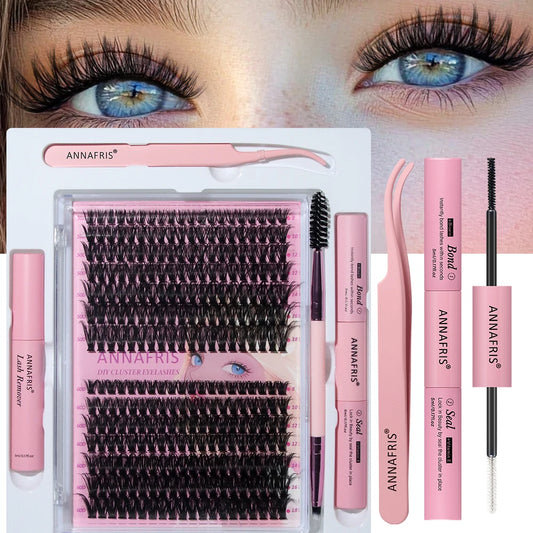 ANNAFRIS 280Pcs DIY Eyelash Extension Kit Clusters Lash Kit with Bond&Seal Remover Tweezers Individual Lashes Set