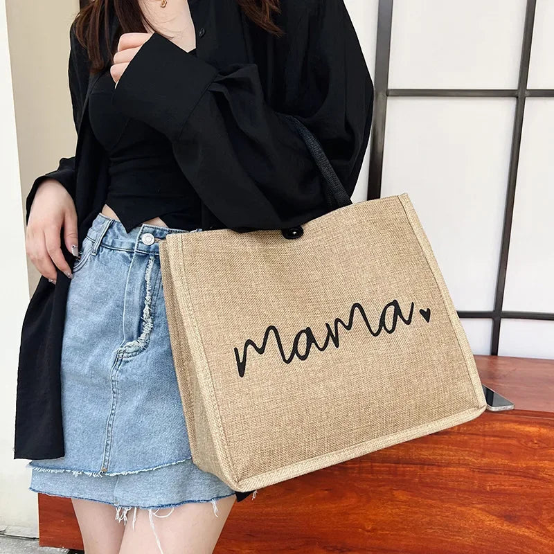 Women Mama Letter Printing Tote Bag Large Capacity Baby Diapers Storage Bag Casual Fashion Linen Shopping Handbag Gifts for Mom