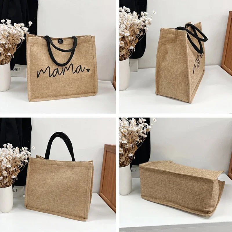 Women Mama Letter Printing Tote Bag Large Capacity Baby Diapers Storage Bag Casual Fashion Linen Shopping Handbag Gifts for Mom