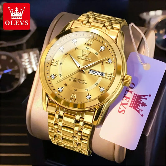 OLEVS Quartz Watch for Men Luxury Diamonds Gold Watch Waterproof Luminous Stainless Steel Business Men's Quartz Watch Mens Watch