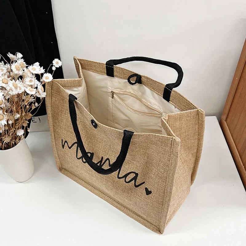 Women Mama Letter Printing Tote Bag Large Capacity Baby Diapers Storage Bag Casual Fashion Linen Shopping Handbag Gifts for Mom