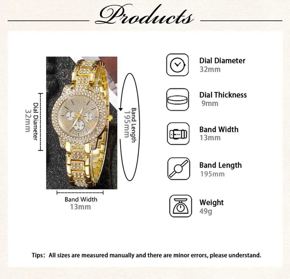 Women's Quartz Watch Gold Luxury Women Ring Necklace Earring Rhinestone Fashion Wristwatch Casual Ladies Watches Jewelry Set