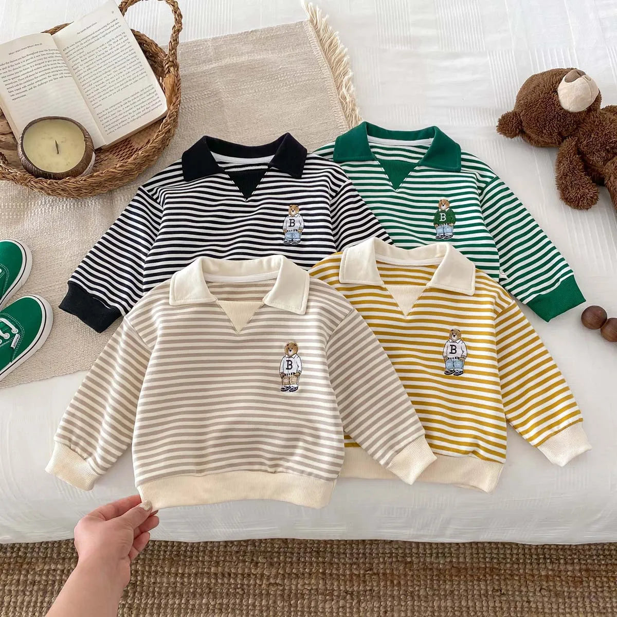 Spring Autumn Children Cool Lapel Striped Sweatshirt Kid Girl Cartoon Embroidery Long Sleeve T-shirt Boy Baby Casual Cotton Tops