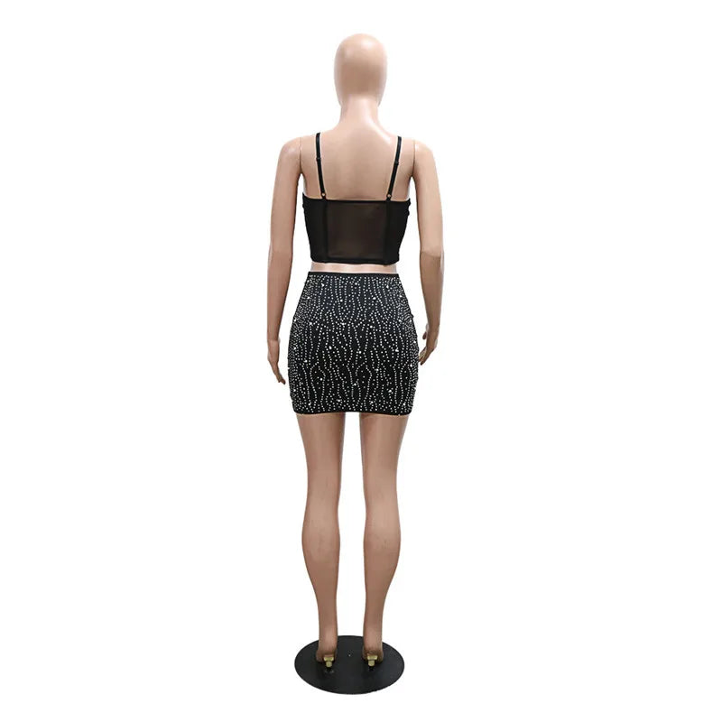 Skinny Sexy Party Two Piece Set Women Strap Mesh Rhinestone Camis Top and Diamonds Mini Skirts 2 Piece Sets Night Club Outfits