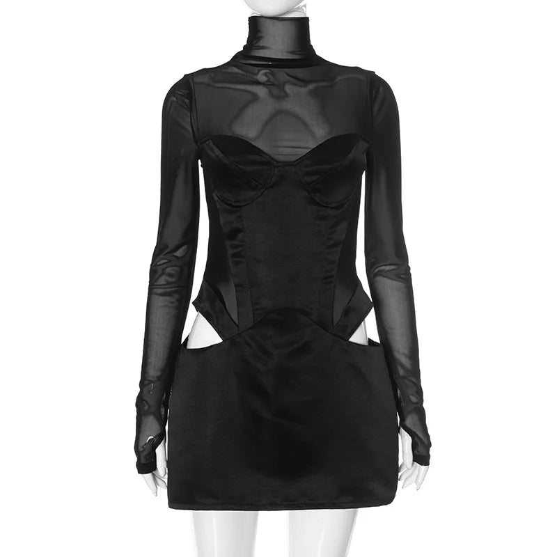 Cryptographic Fashion Mesh Long Sleeve Mini Dress Party Evening Club Outfits Sexy Cut Out Corset Bodycon Dresses Clothes