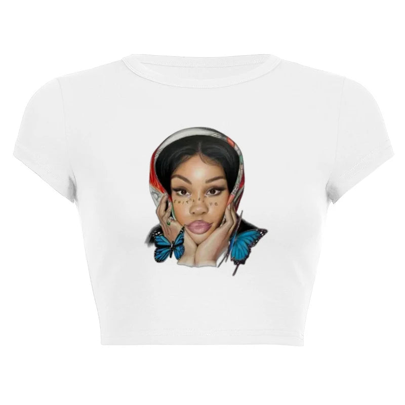 Summer Hip Hop Girl Portrait Graphic Print T-shirt Y2k Vintage Slim Short Sleeve O Neck Crop Tops Women Fashion Casual T Shirt