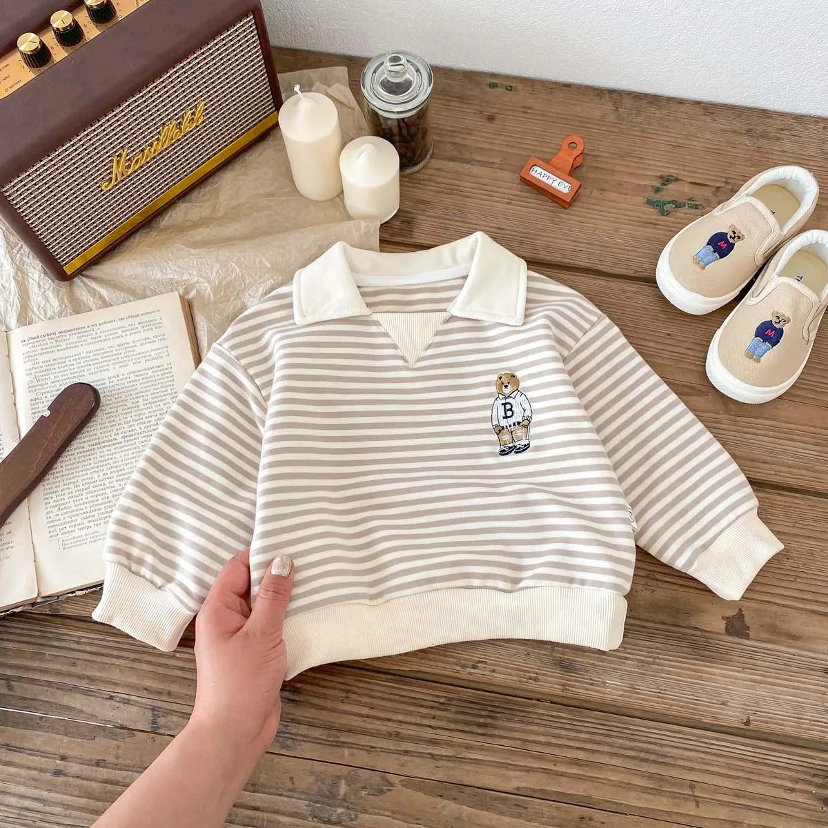 Spring Autumn Children Cool Lapel Striped Sweatshirt Kid Girl Cartoon Embroidery Long Sleeve T-shirt Boy Baby Casual Cotton Tops