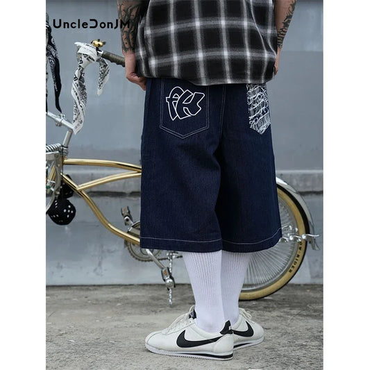 Pockets Embroidery Print Jorts for Men Summer Retro Oversized Wide Leg Denim Knee Lenght Pants shorts