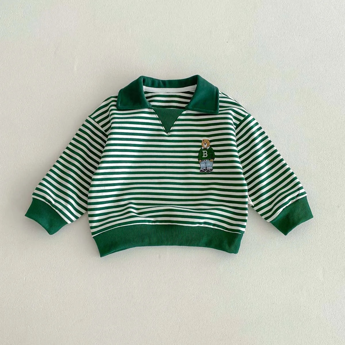 Spring Autumn Children Cool Lapel Striped Sweatshirt Kid Girl Cartoon Embroidery Long Sleeve T-shirt Boy Baby Casual Cotton Tops