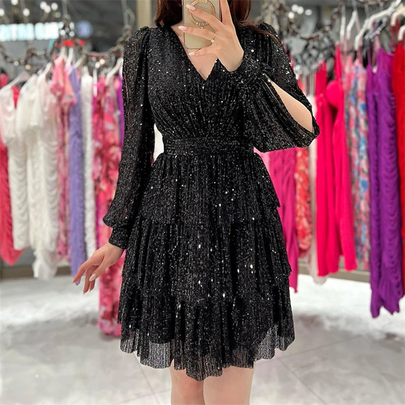 Women Elegant Long Sleeve Split Versatile Dating Dress Autumn Fashion Frilly Mini Dress Chic V-Neck Sequins Hollow Party Dresses