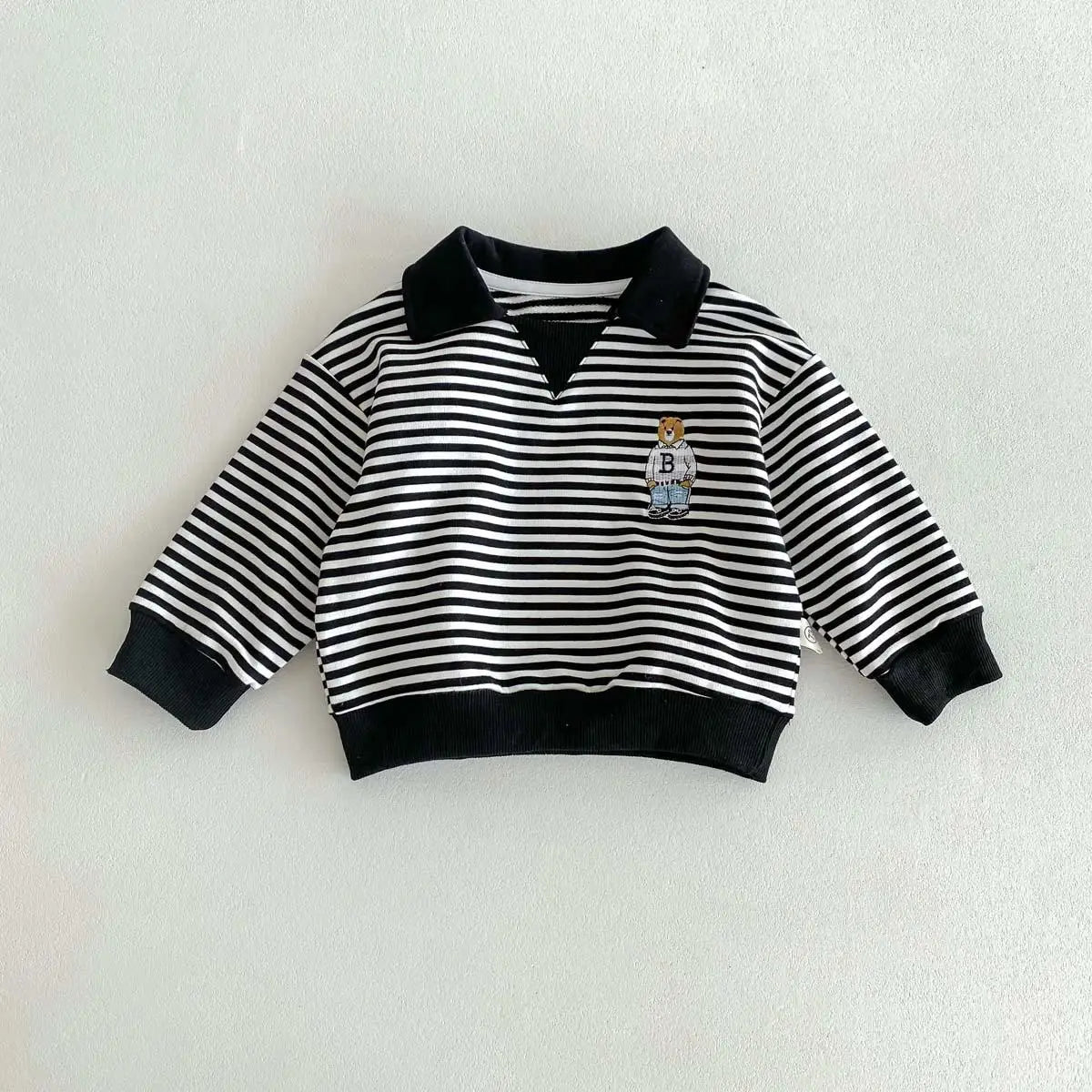 Spring Autumn Children Cool Lapel Striped Sweatshirt Kid Girl Cartoon Embroidery Long Sleeve T-shirt Boy Baby Casual Cotton Tops