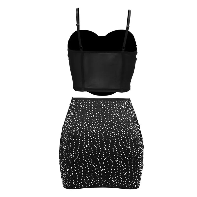 Skinny Sexy Party Two Piece Set Women Strap Mesh Rhinestone Camis Top and Diamonds Mini Skirts 2 Piece Sets Night Club Outfits