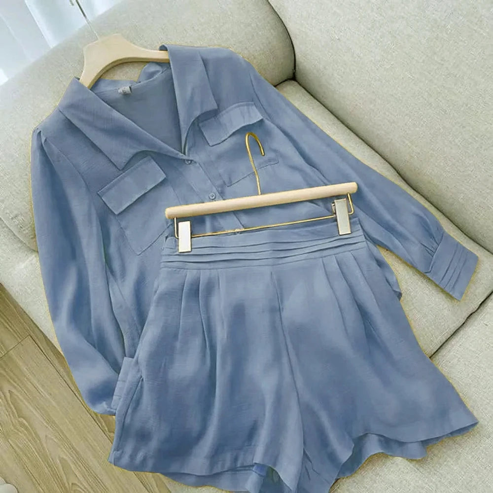 Spring Summer Solid Color Short Set Women Simple Casual Style Long Sleeve Shirts Shorts Two Piece Sets Temperament Lady Clothing