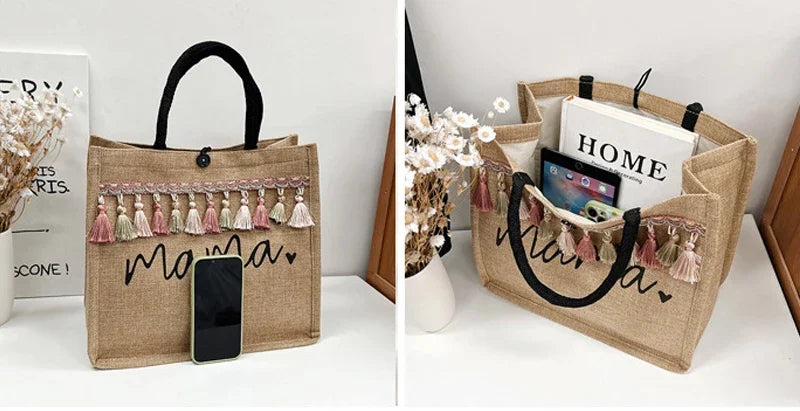 Women Mama Letter Printing Tote Bag Large Capacity Baby Diapers Storage Bag Casual Fashion Linen Shopping Handbag Gifts for Mom