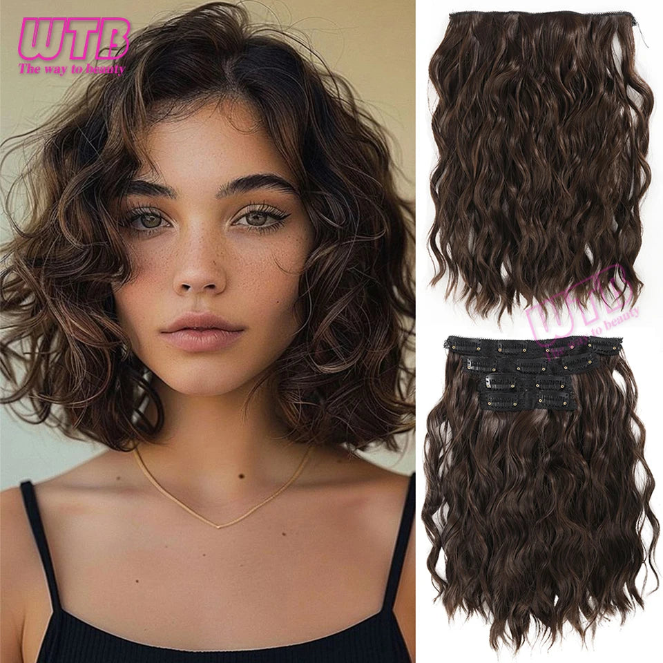 Clip In Hair Extensions Synthetic Hair 12Inch 4 PCS Set Wavy Curly Hair Extension Synthetic Hairpieces For Women Girls Daily Use